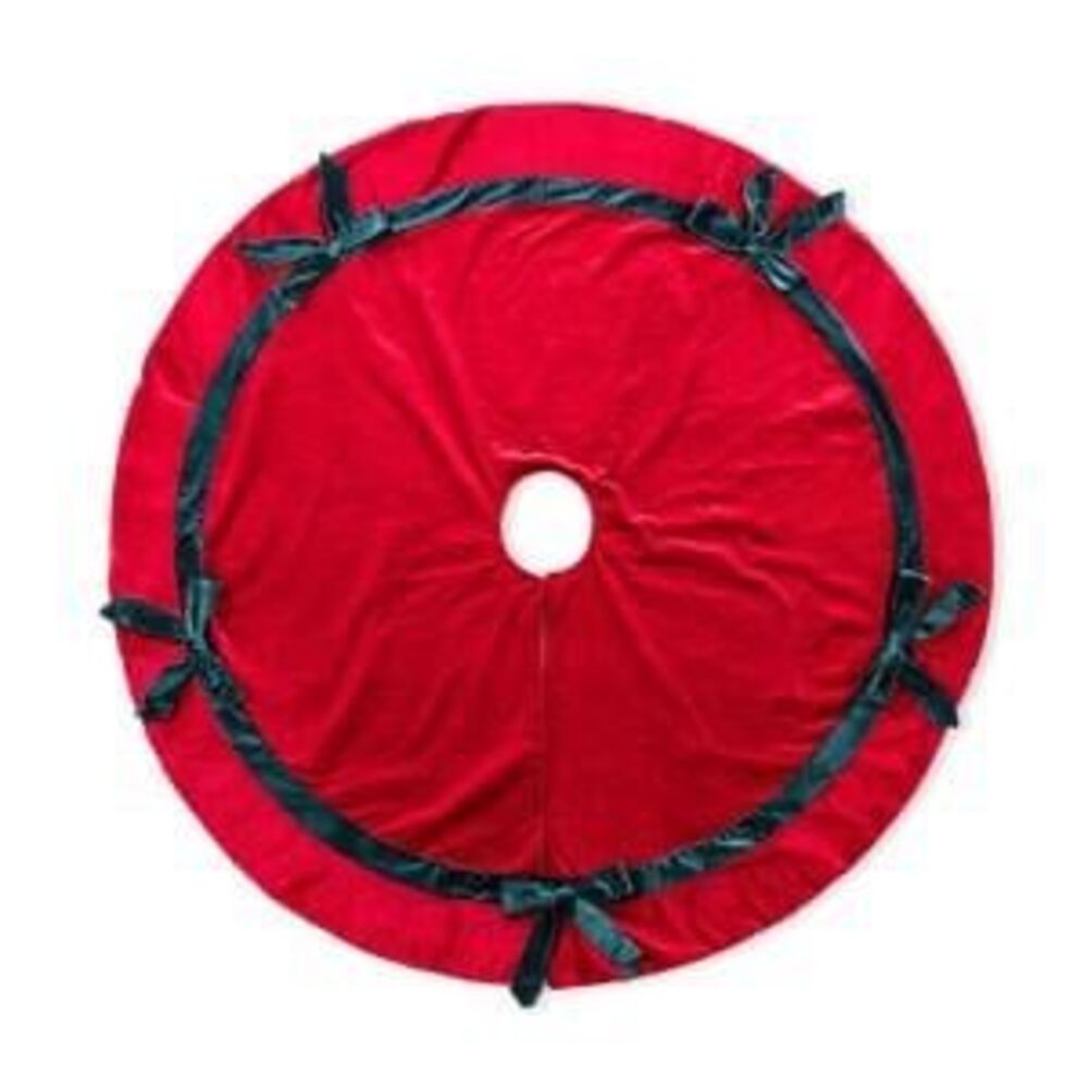 Glitzhome 48 in. D Red Velvet Christmas Tree Skirt with Bows